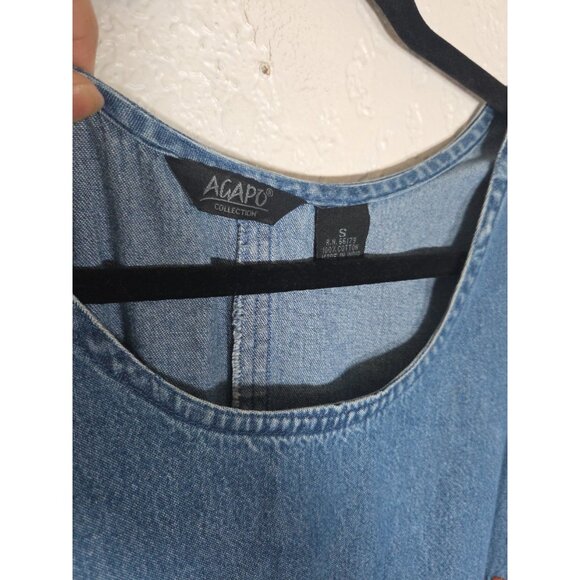 Vtg Agapo Denim Jumper Dress Size S Embroidered Flowers Teacher Countrycore Maxi - Picture 2 of 5